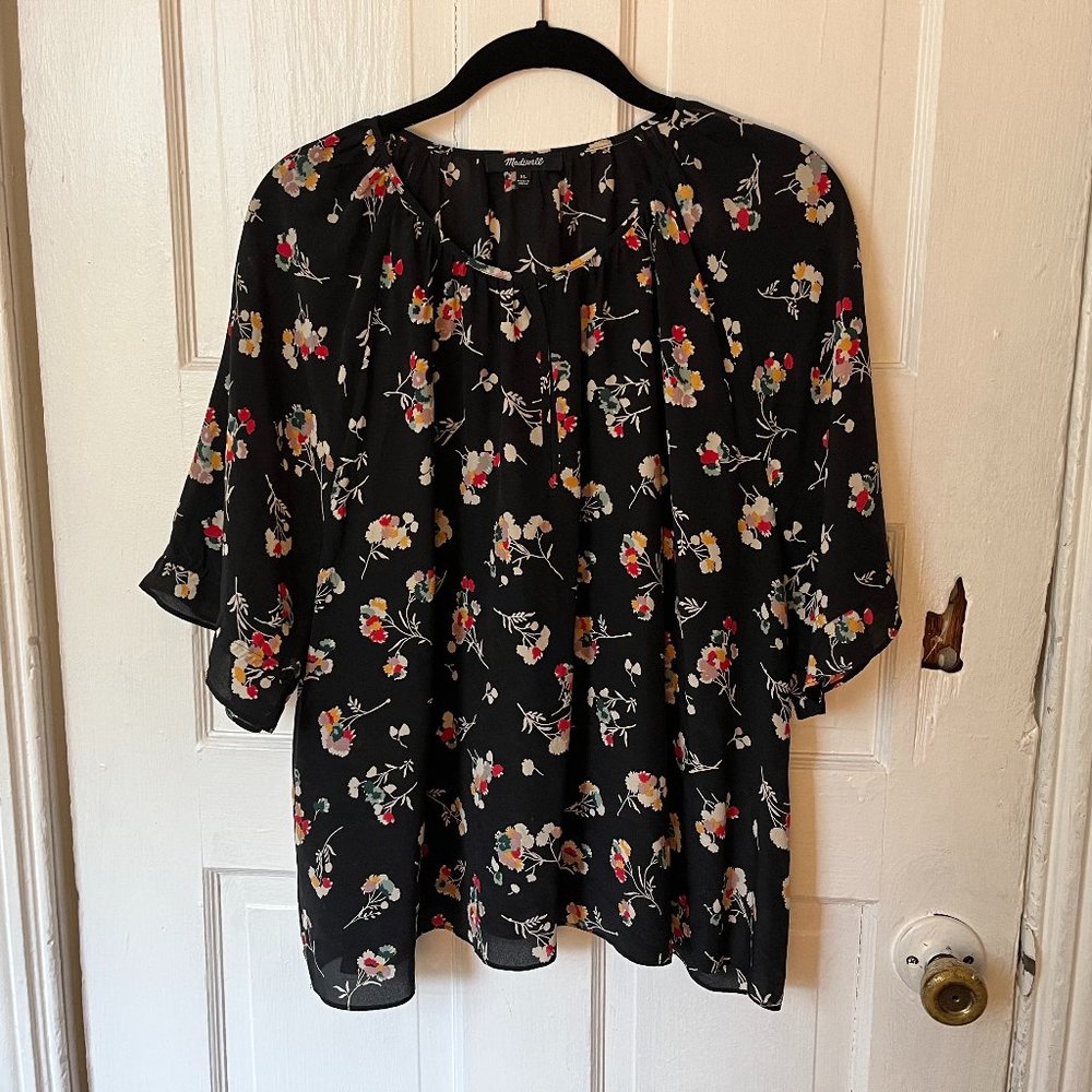 Madewell Black Floral Silk Blouse